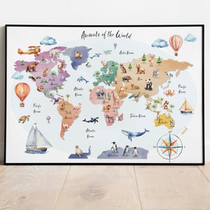 Aquarell-Weltkarte-Druck für Kinder, Tier-Weltkarte-Druck, Kinderzimmer-Dekoration, pädagogischer Kinder-Kunstdruck. DRUCKBARE Kinderzimmer-Dekoration.