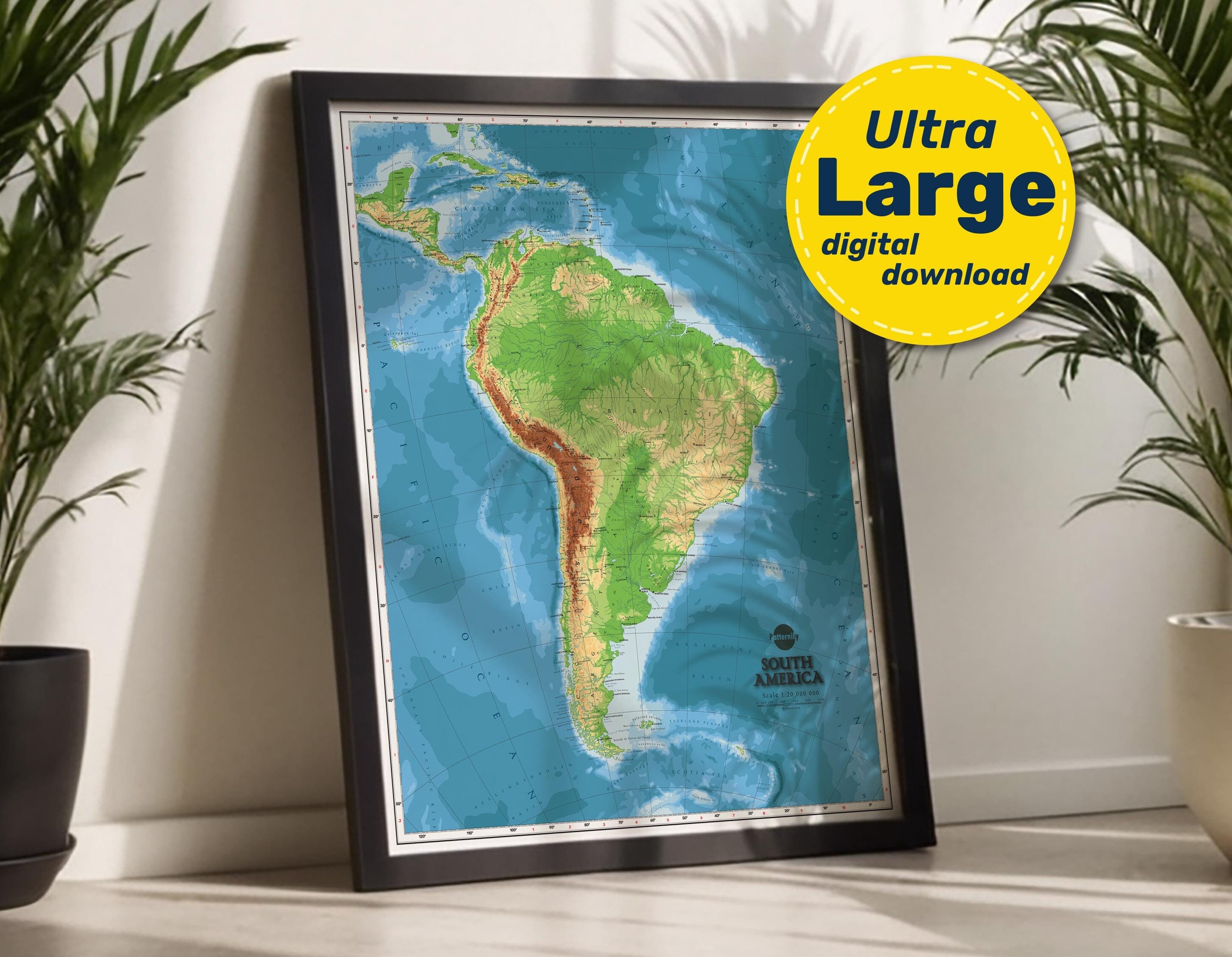 South America Terrain Map Print. High-Resolution PRINTABLE South America Map. South America Map Wall Art. For Travel, Education, & Decor.