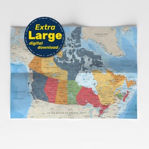 Carte politique du Canada. Grande affiche détaillée de la carte du Canada avec les villes et les capitales. Téléchargement numérique au format Jpg Png Svg Pdf. Voyages, éducation.