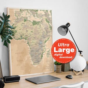 Geländekarte von Afrika. Detailierte Digitale Landkarte Afrika. Hochauflösender Kontinent Druck. Sofortiger digitaler Download mit svg, jpg, png und pdf.