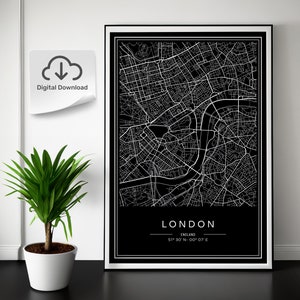 London City Map Print, Modern Contemporary poster in 5 different aspect ratios to fit all frame sizes. Black and White. DIGITAL DOWNLOAD.