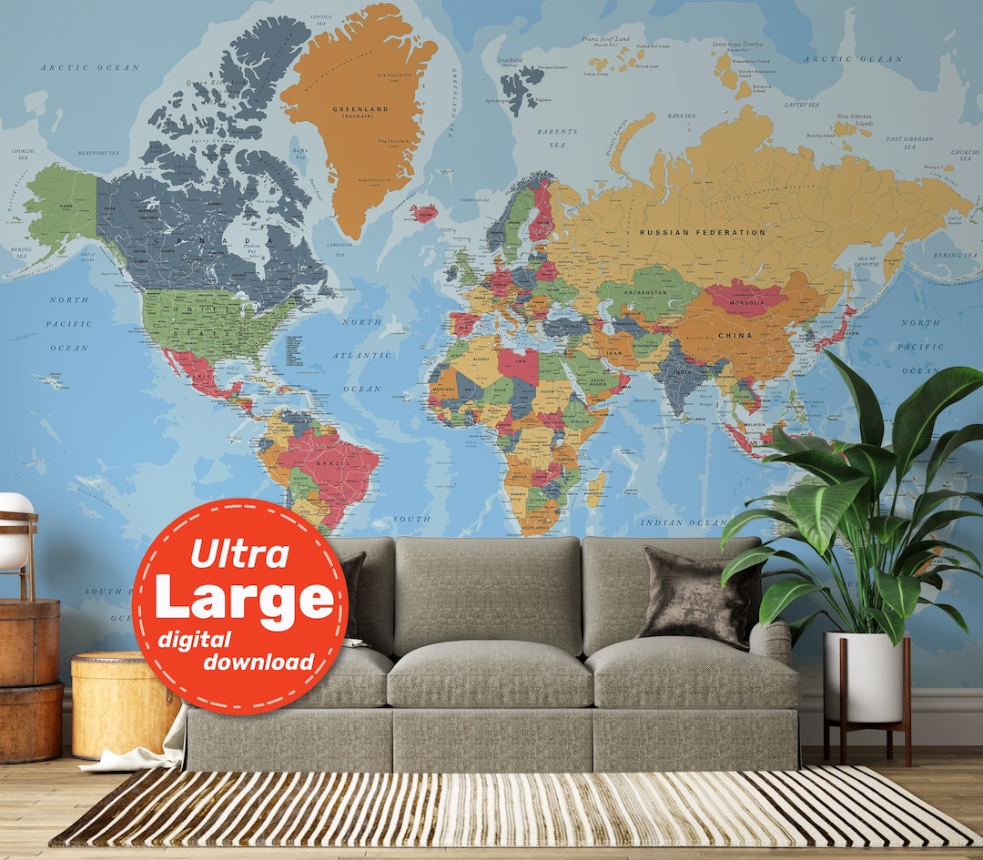 Detailed World Map Print. Printable Digital Political Map of the World ...