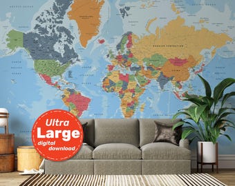 詳細な世界地図の印刷。印刷可能なデジタル世界政治地図。高解像度のポスター。SVG、JPG、PNG、PDF によるデジタル ダウンロード。