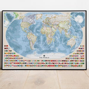 Politische Weltkarte mit Flaggen | Weltkarte mit US Flaggen | Klassische Weltstadtplan / Weltkarte auf Leinwand.