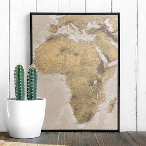 Africa Beige Map Print. Natural color Vintage terrain Africa Map with cities & capitals. Digital Download for Travel, Education, Decor.
