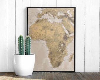 Africa Beige Map Print. Natural color Vintage terrain Africa Map with cities & capitals. Digital Download for Travel, Education, Decor.