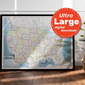 Impresión del mapa político de Estados Unidos. Mapa de EE. UU. IMPRIMIBLE de alta resolución. Arte mural con mapa de América. Descarga instantánea para viajes, educación y decoración.