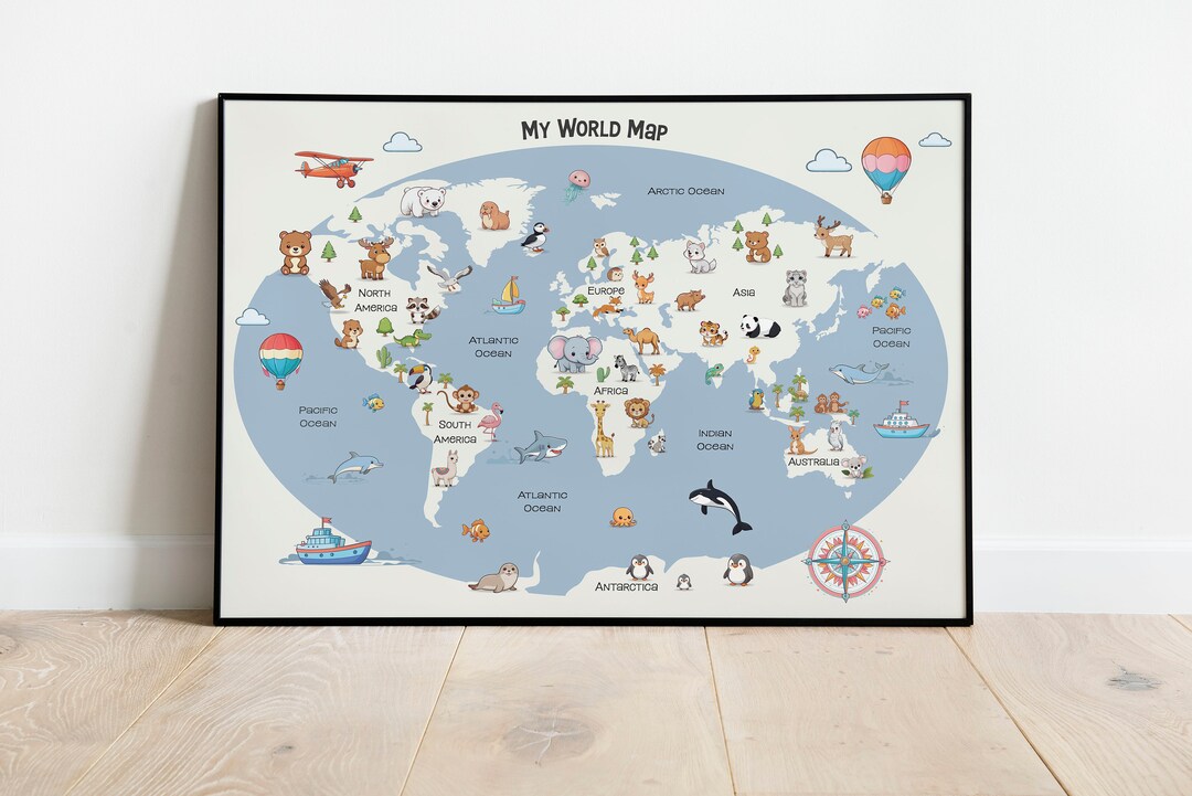 World Map Print for Boys, Animal World Map Print, Nursery Kids Decor ...