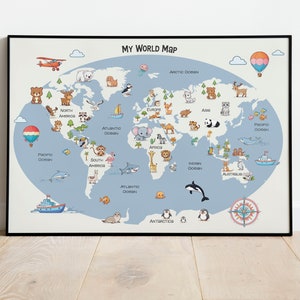 Weltkarte Druck für Kinder, Tiere Weltkarte Druck, Kinderzimmer Dekor, Lernspielzeug für Kinder, Kawaii Kunstdruck. DRUCKBARE Kinderzimmer Reise Dekor.