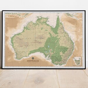 Geländekarte von Australien | Australien Karte Poster Kunstdruck | Klassisches Australien Physisches Kartenposter. Lehrreiche Landkarte design.