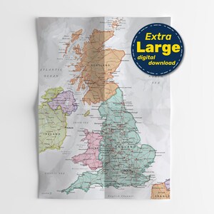 Mapa político de Gran Bretaña. Póster detallado de gran tamaño del Reino Unido con ciudades y capitales. Descarga digital instantánea en formato Jpg, Png, Svg, Pdf.