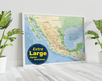 Mexico Detailed Physical Map. Mexican Terrain Vector Map. Educational Map Print with cities, capitals. Instant Download svg jpg png and pdf