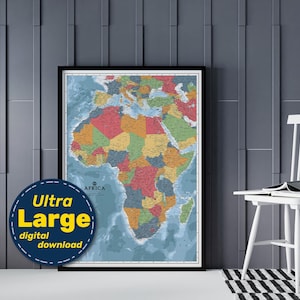 Impresión de mapa político de África. Póster africano grande para imprimir con países, ciudades y capitales. Descarga digital para educación, viajes y decoración.