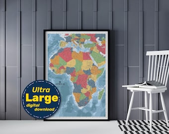 Africa Political Map Print. Large Printable African Poster with Countries, Cities & Capitals. Digital Download for Education, Travel, Decor.