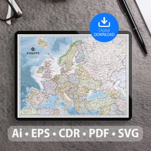 Mapa vectorial de Europa. Archivos SVG, AI, EPS, CDR y PDF incluidos. Mapa detallado de la Unión Europea escalable y editable. Ideal para decoración, estudio y viajes.
