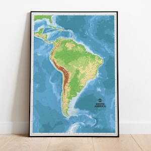 Geländekarte von Südamerika | Südamerika Map Poster Giclée Print | Amerikanische Kontinent Relief Wand Kunst Karte auf Leinwand | Klassenzimmer Karte