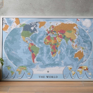 Póster con mapa del mundo con países. Mapa político detallado del mundo para imprimir. Para proyectos escolares, decoración de aulas y educación en el hogar.