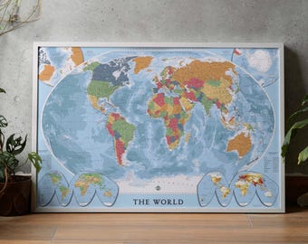World Map Poster with countries. Detailed PRINTABLE Political Map of the World. For School projects, classroom decoration, home education.