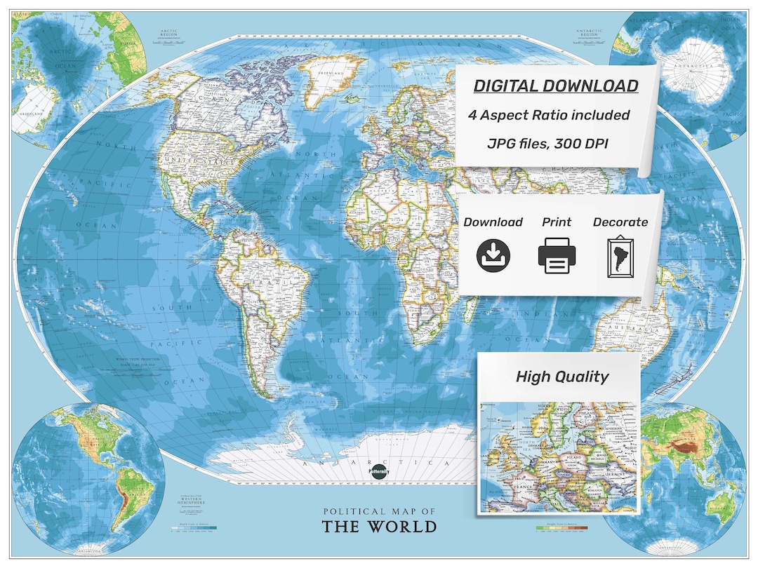 World Map Print Map of the World Wall Art PRINTABLE Detailed World Map ...