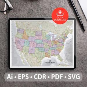 Mapa vectorial de Estados Unidos. Archivos SVG, AI, EPS, CDR y PDF incluidos. Mapa detallado de los Estados Unidos de América escalable y editable. Para decoración, estudio y viajes.