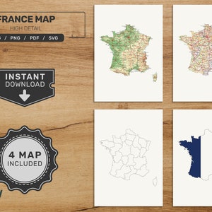 Pacchetto mappa Francia. Set di mappe francesi stampabili. Mappa politica, fisica, vuota e con bandiere. Download digitale in formato svg - jpg - png - pdf!