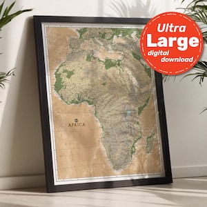 Impresión de mapa físico de África. Mapa del continente africano IMPRIMIBLE de alta resolución. Arte mural con mapa de África. Descarga para viajes, educación y decoración.