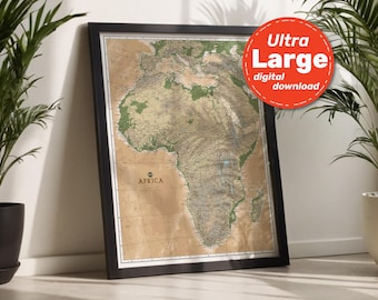 Africa Physical Map Print. High-Resolution PRINTABLE Africa Continent Map. Africa Map Wall Art. Download For Travel, Education, & Decor.