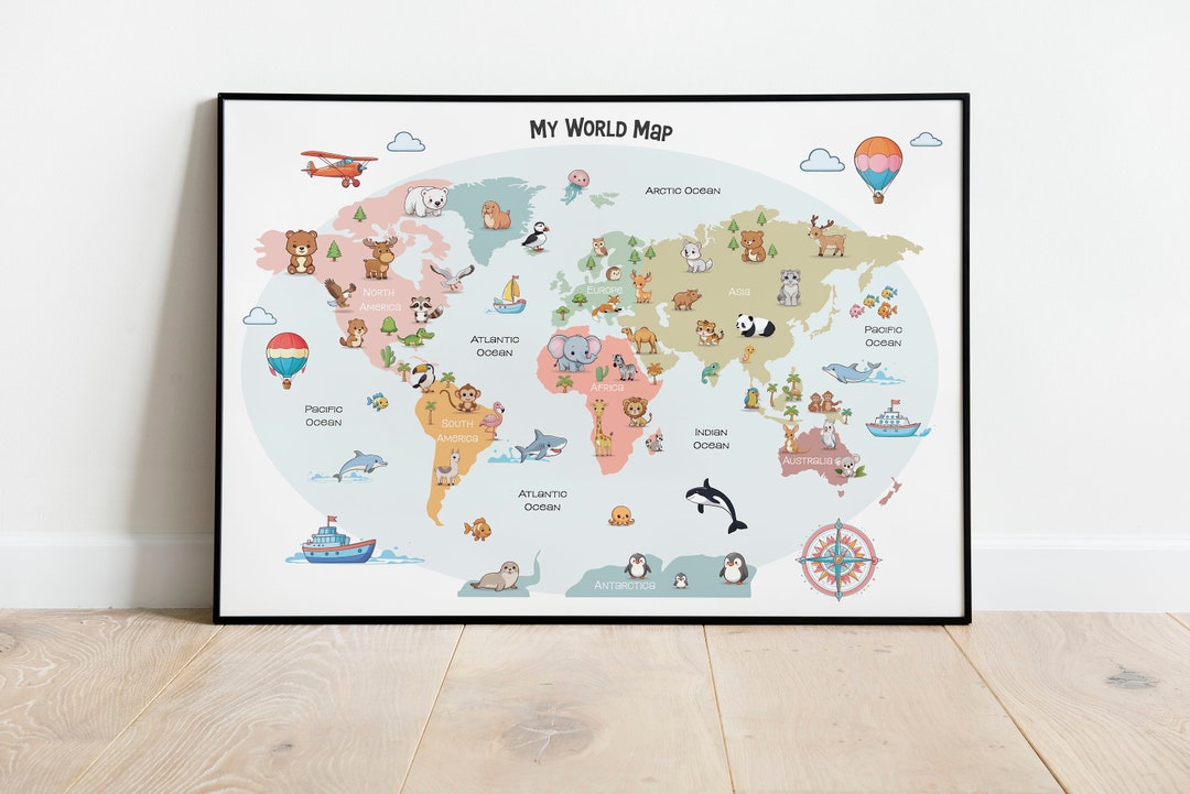 World Map Print for Kids, Animal World Map Print, Nursery Kids Decor ...