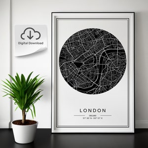 London City Map Print, Modern Contemporary poster in 5 different aspect ratios to fit all frame sizes. Black and White. DIGITAL DOWNLOAD.