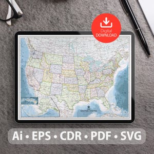 Mapa vectorial de Estados Unidos. Archivos SVG, AI, EPS, CDR y PDF incluidos. Mapa detallado de los Estados Unidos de América escalable y editable. Para decoración, estudio y viajes.