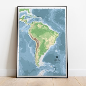 Geländekarte von Südamerika | Südamerika Map Poster Giclée Print | Amerikanische Kontinent Relief Wand Kunst Karte auf Leinwand | Klassenzimmer Karte