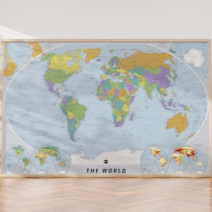 Póster con mapa del mundo con países. Mapa político detallado del mundo para imprimir. Para proyectos escolares, decoración de aulas y educación en el hogar.