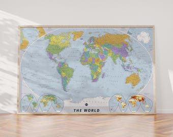 World Map Poster with countries. Detailed PRINTABLE Political Map of the World. For School projects, classroom decoration, home education.