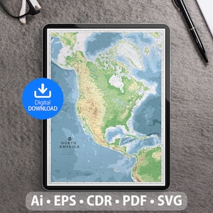 Mapa vectorial de América del Norte. Archivos SVG, AI, EPS, CDR y PDF incluidos. Mapa detallado de América del Norte escalable y editable. Para decoración, estudio y viajes.