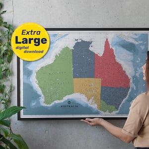 Politische Landkarte von Australien. Großes druckbares Poster mit Bundesländern, Städten & Hauptstädten. Digitaler Download für Bildung, Reisen, Dekor.