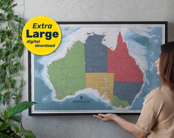 Detailed Political Map of Australia. Large Printable Poster with States, Cities & Capitals. Digital Download for Education, Travel, Decor.