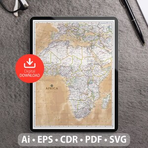 Könnte beinhalten: Eine Vintage-Karte von Afrika mit Landesgrenzen und beschrifteten Großstädten. Die Karte ist auf einem beigefarbenen Hintergrund mit braunem Rand gedruckt. Das Wort "Afrika" ist in einem Kreis am unteren Rand der Karte gedruckt.