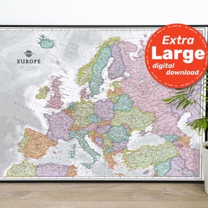 Impresión del mapa político de Europa. Mapa mural ejecutivo de Europa de alta resolución para imprimir. Mapa administrativo de Europa. Descarga digital instantánea.