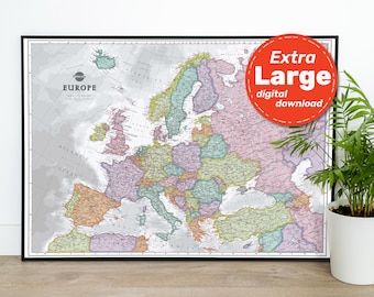Europe Political Map Print. High-Resolution PRINTABLE Europe Executive Wall Map. Administrative map of Europe. Instant Digital Download.