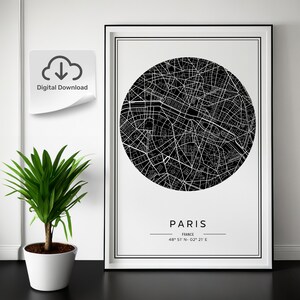 パリ市街地図プリント、あらゆるフレーム サイズに合う 5 つの異なるアスペクト比のモダン コンテンポラリー ポスター。白黒。デジタル ダウンロード。