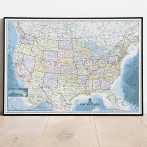 Carte politique des États-Unis | Affiche de carte murale des États-Unis, impression jet d'encre | Affiche classique de carte administrative des États-Unis. Carte pédagogique.Plusieurs tailles.