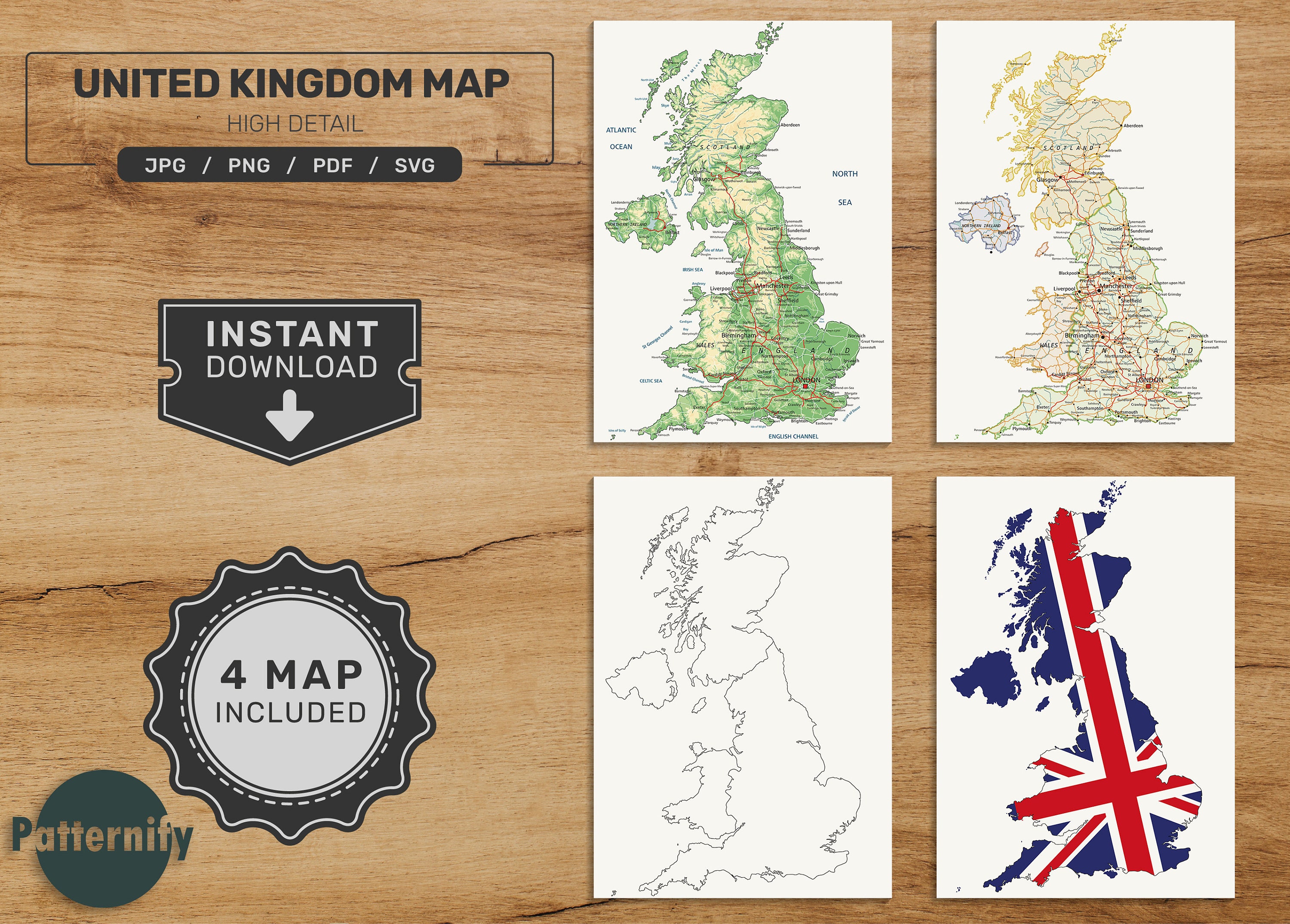 United Kingdom Map Bundle. Printable UK Map Set. Political, Physical, Blank and Flag Map. Digital Download svg - jpg - png - pdf format!