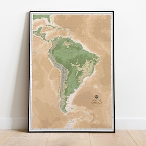 Geländekarte von Südamerika | Südamerika Map Poster Giclée Print | Amerikanische Kontinent Relief Wand Kunst Karte auf Leinwand | Klassenzimmer Karte