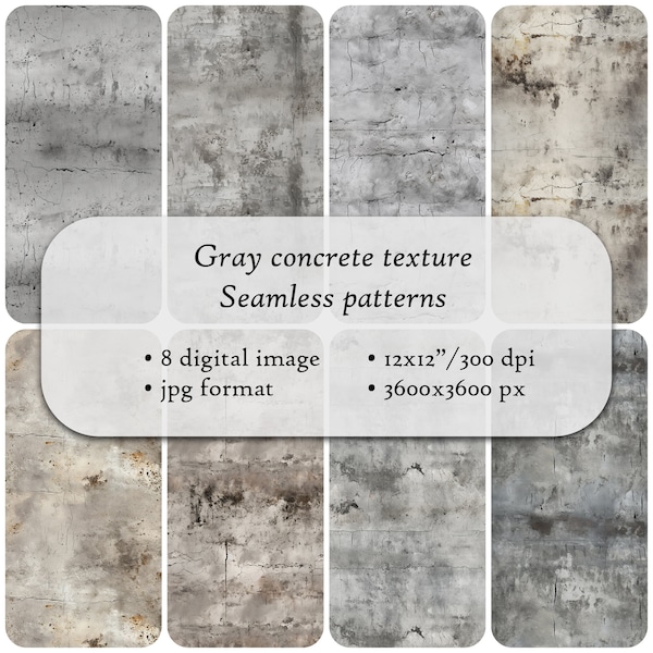 8 Gray Concrete Texture Seamless Patterns. Digital paper, commercial use, digital download, high quality.