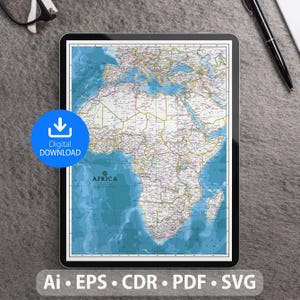 Mapa vectorial de África. Archivos SVG, AI, EPS, CDR y PDF incluidos. Mapa detallado del continente africano escalable y editable. Para decoración, estudio y viajes.