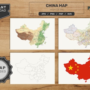 Pacchetto mappa Cina. Set di mappe cinesi stampabili. Mappa politica, fisica, vuota e con bandiere. Download digitale in formato svg - jpg - png - pdf!