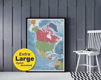 Detailed Political Map of North America. Large Printable Poster with Countries, Cities & Capitals. Digital File. Gulf of America update.