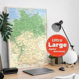 Duitsland gedetailleerde fysieke kaart. Duitse terrein vectorkaart. Educatieve kaartprint met steden en hoofdsteden. Svg-, jpg-, png- en pdf-bestanden direct downloaden