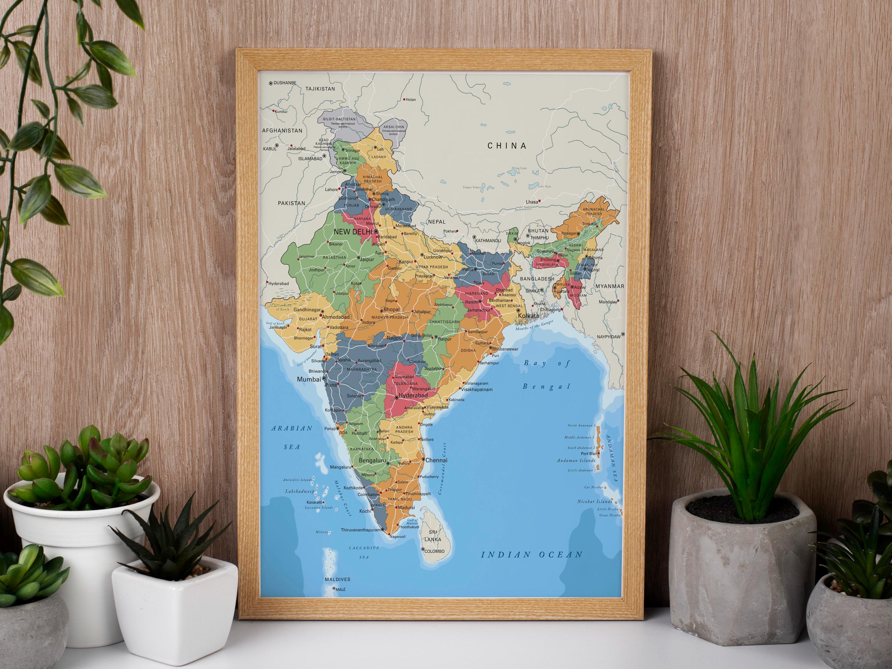 India Political Map. Educational Detailed Indian Map Poster With Cities ...