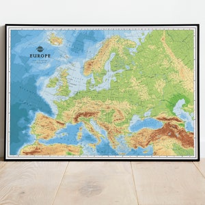 Geländekarte Europa | Europa Karte Poster Giclée-Druck | Europäische Landkarte des Kontinents Relief, Kunst auf Leinwand | Klassenzimmer Karte für die Schule